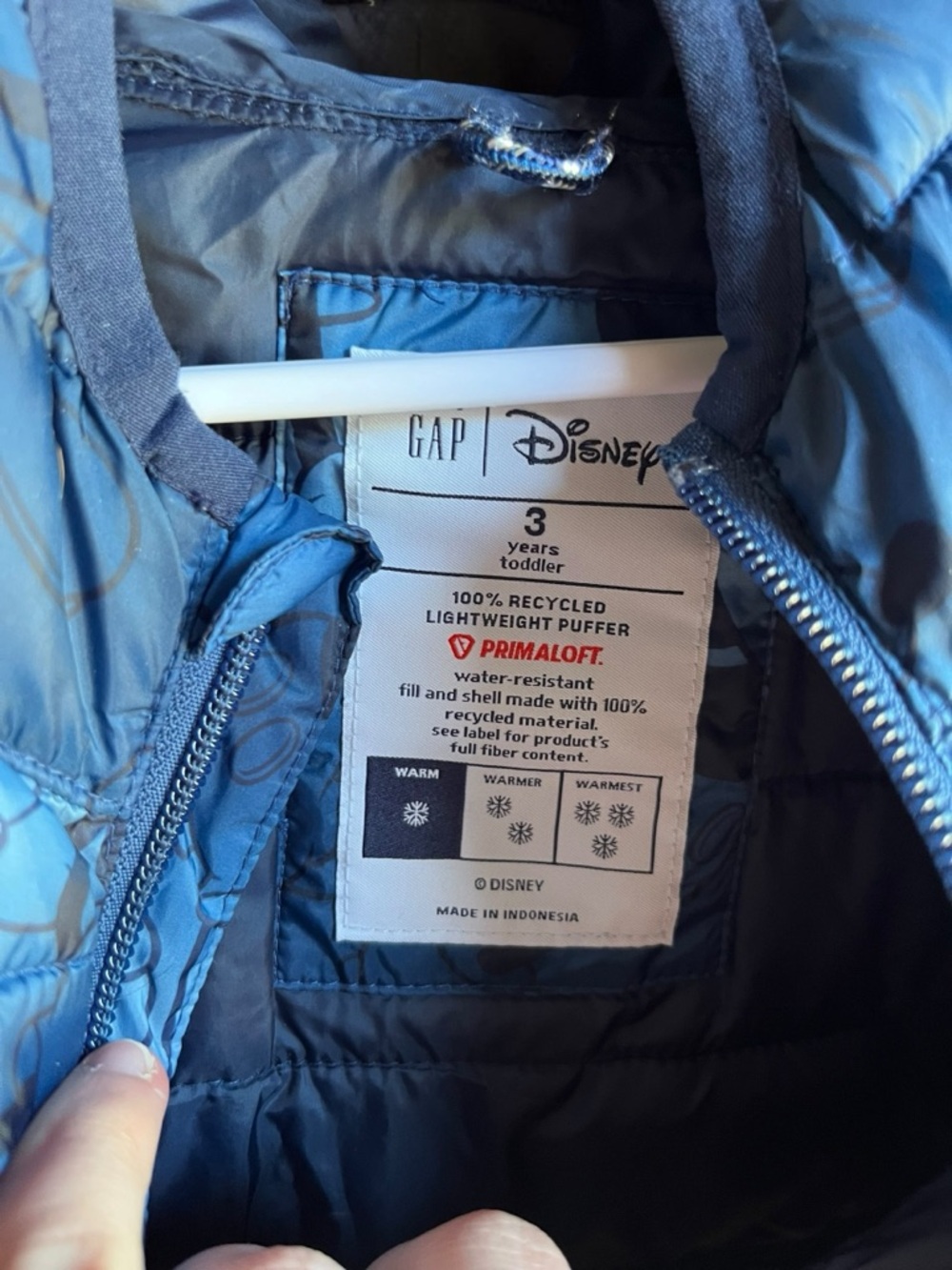 GAP Disney Kids Mickey Blue Water Resistant Lightweight 3T Puffer Jacket - Picture 4 of 5